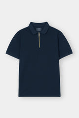 NAVY PIQUE ZIP POLO SHIRT