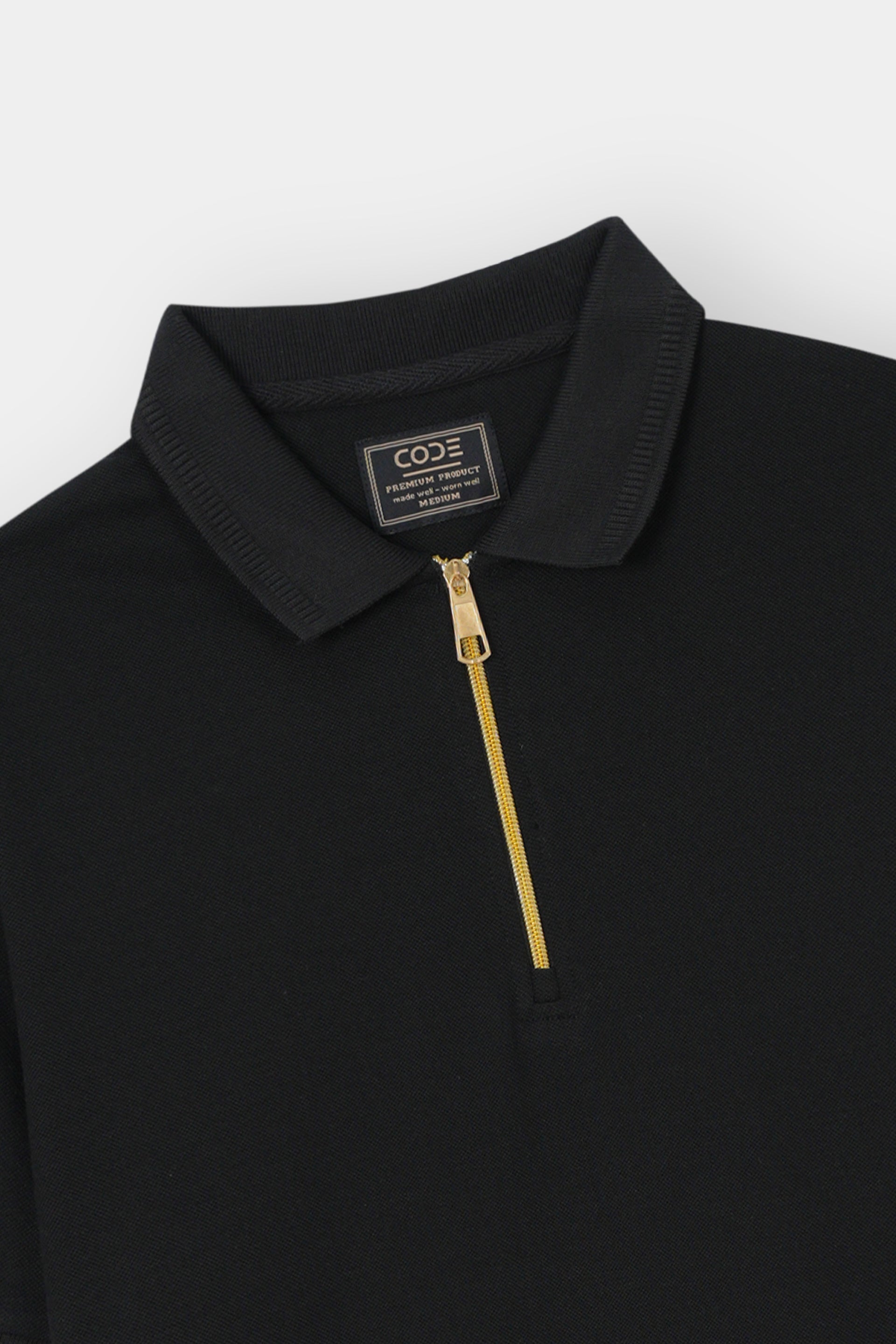 BLACK PIQUE ZIP POLO SHIRT