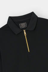 BLACK PIQUE ZIP POLO SHIRT