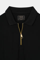 BLACK PIQUE ZIP POLO SHIRT