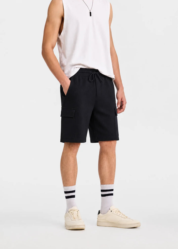 Black Waffle Textured Cargo Shorts