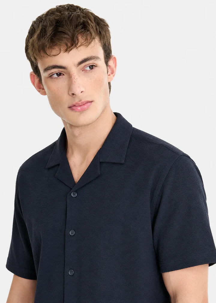 Navy Minimal Textured Cuban Collar Shirt