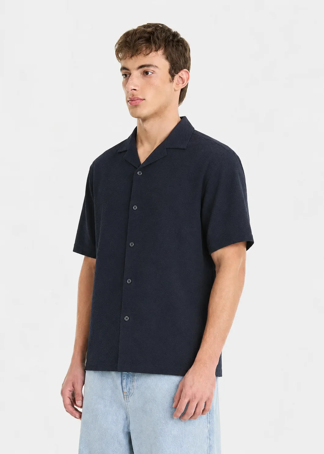 Navy Minimal Textured Cuban Collar Shirt