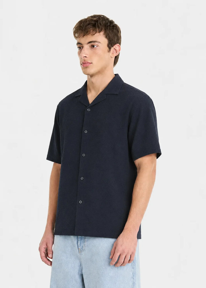 Navy Minimal Textured Cuban Collar Shirt