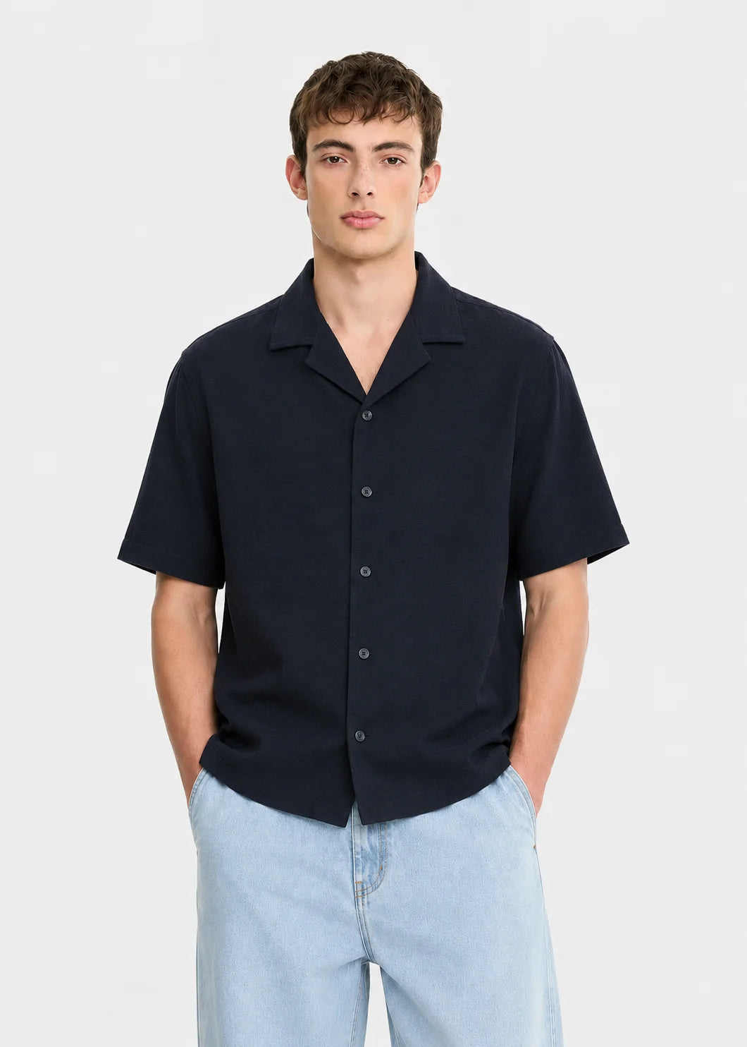 Navy Minimal Textured Cuban Collar Shirt