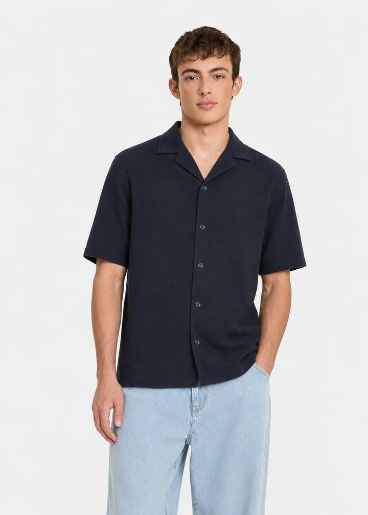 Navy Minimal Textured Cuban Collar Shirt