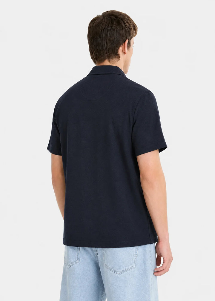 Navy Minimal Textured Cuban Collar Shirt