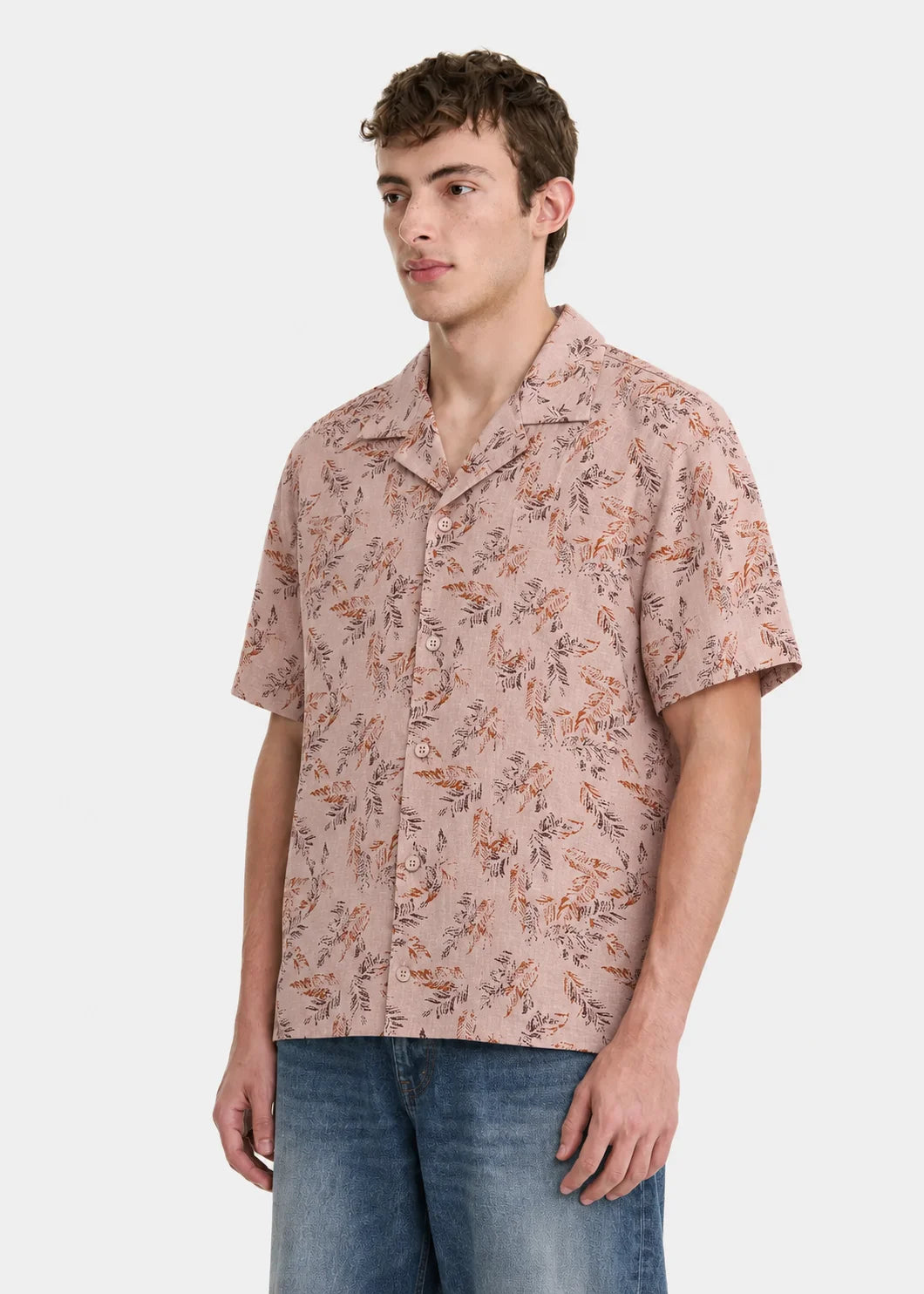 Blush Leaf Print Cuban Collar Shirt