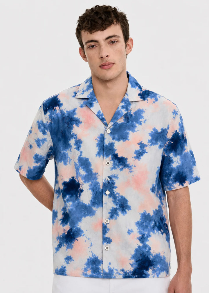 Blue Cloud Print Cuban Collar Shirt