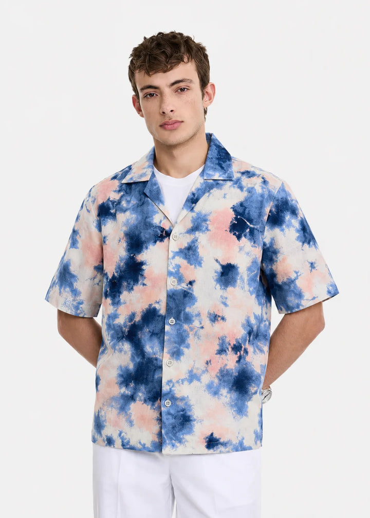 Blue Cloud Print Cuban Collar Shirt
