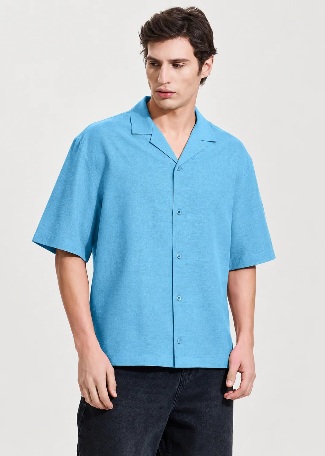 Aqua Blue Textured Cuban Collar Shirt
