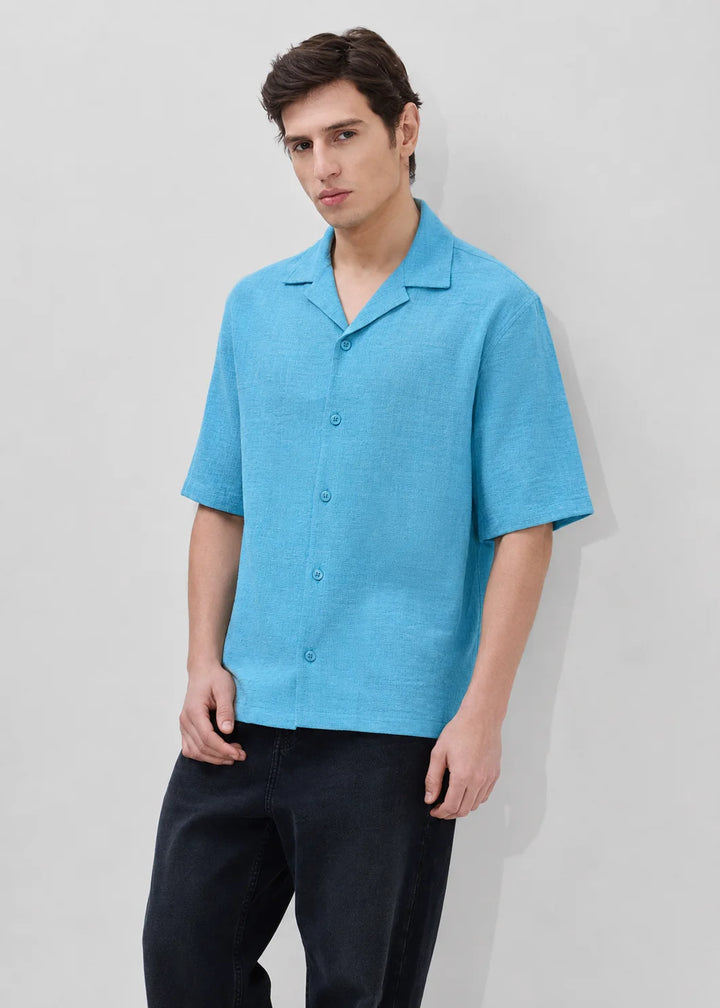 Aqua Blue Textured Cuban Collar Shirt