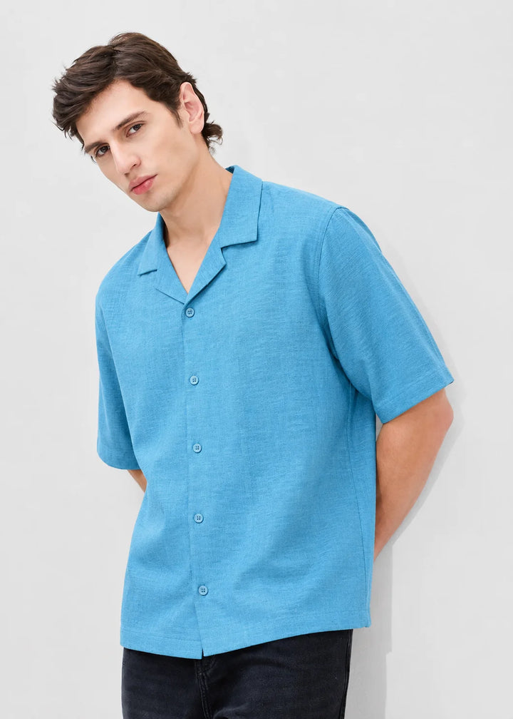 Aqua Blue Textured Cuban Collar Shirt