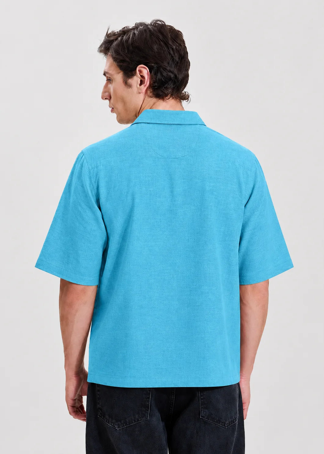 Aqua Blue Textured Cuban Collar Shirt
