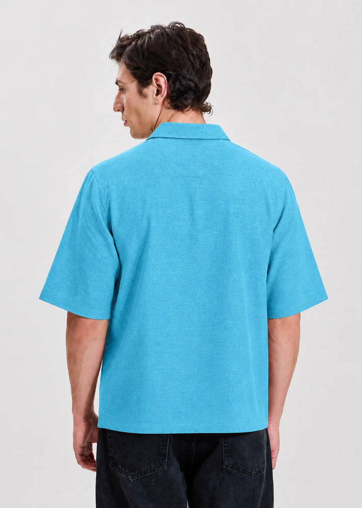 Aqua Blue Textured Cuban Collar Shirt