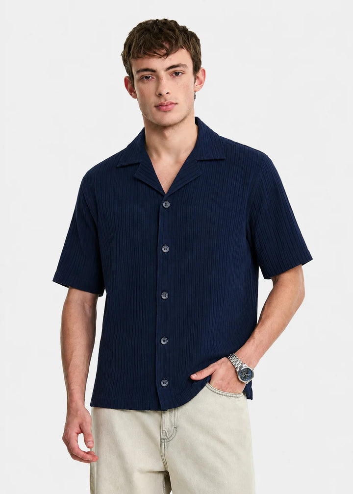 Navy Textured Cuban Collar Shirt
