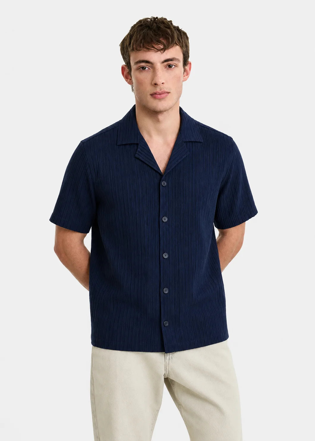 Navy Textured Cuban Collar Shirt