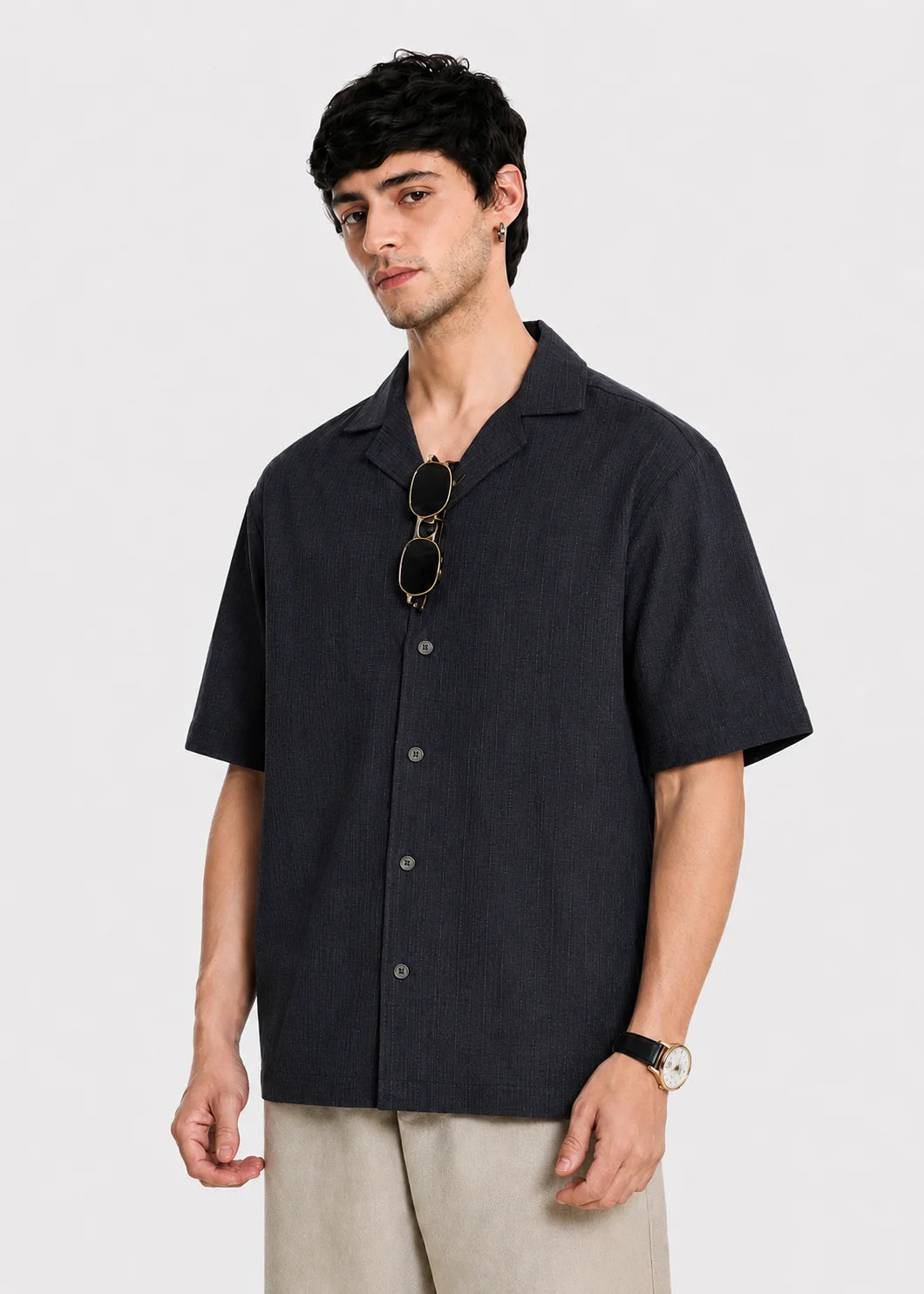 Dark Grey Textured Cuban Collar Shirt