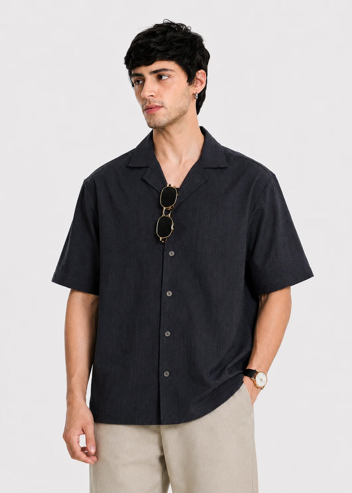 Dark Grey Textured Cuban Collar Shirt