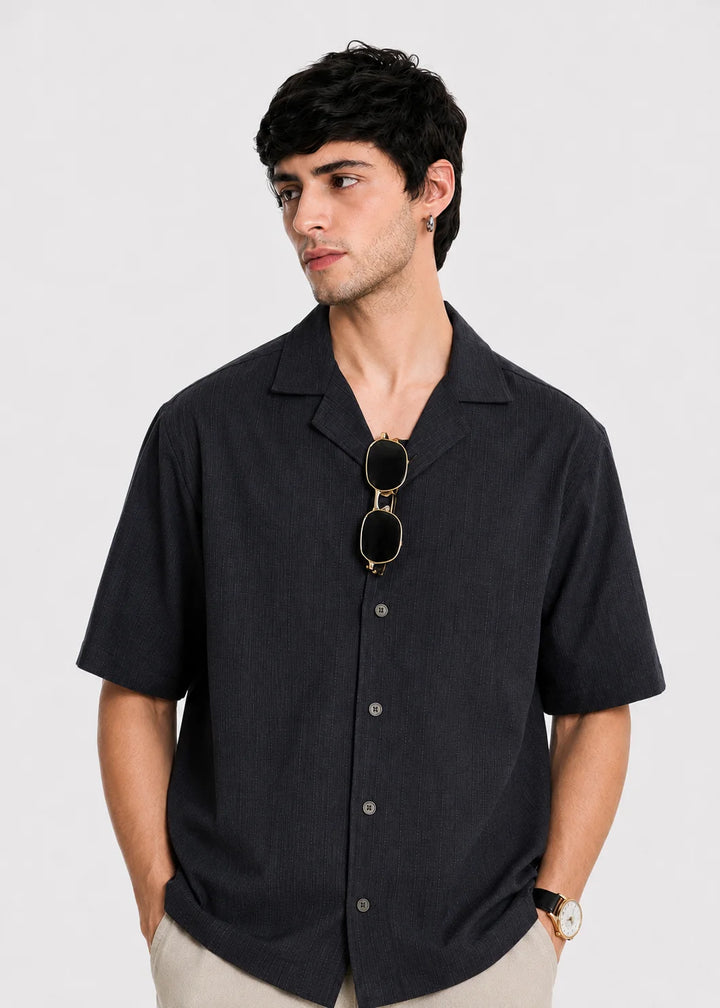 Dark Grey Textured Cuban Collar Shirt