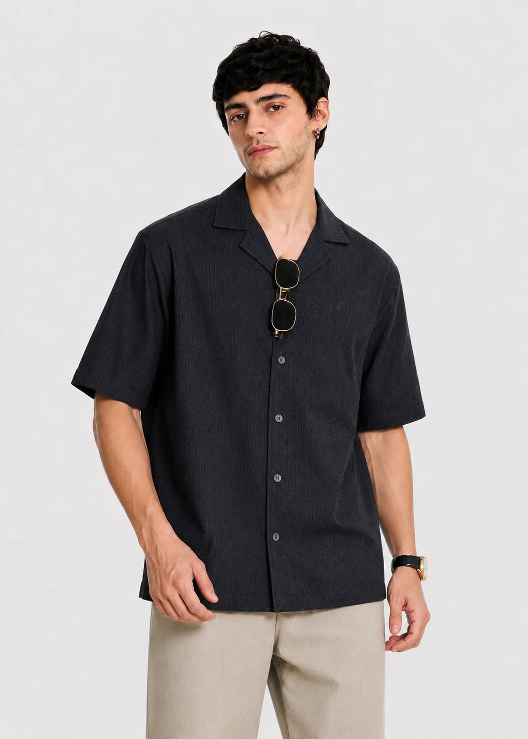 Dark Grey Textured Cuban Collar Shirt