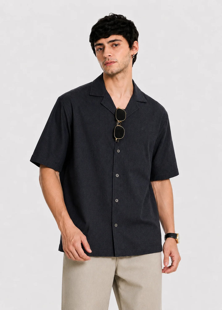 Dark Grey Textured Cuban Collar Shirt