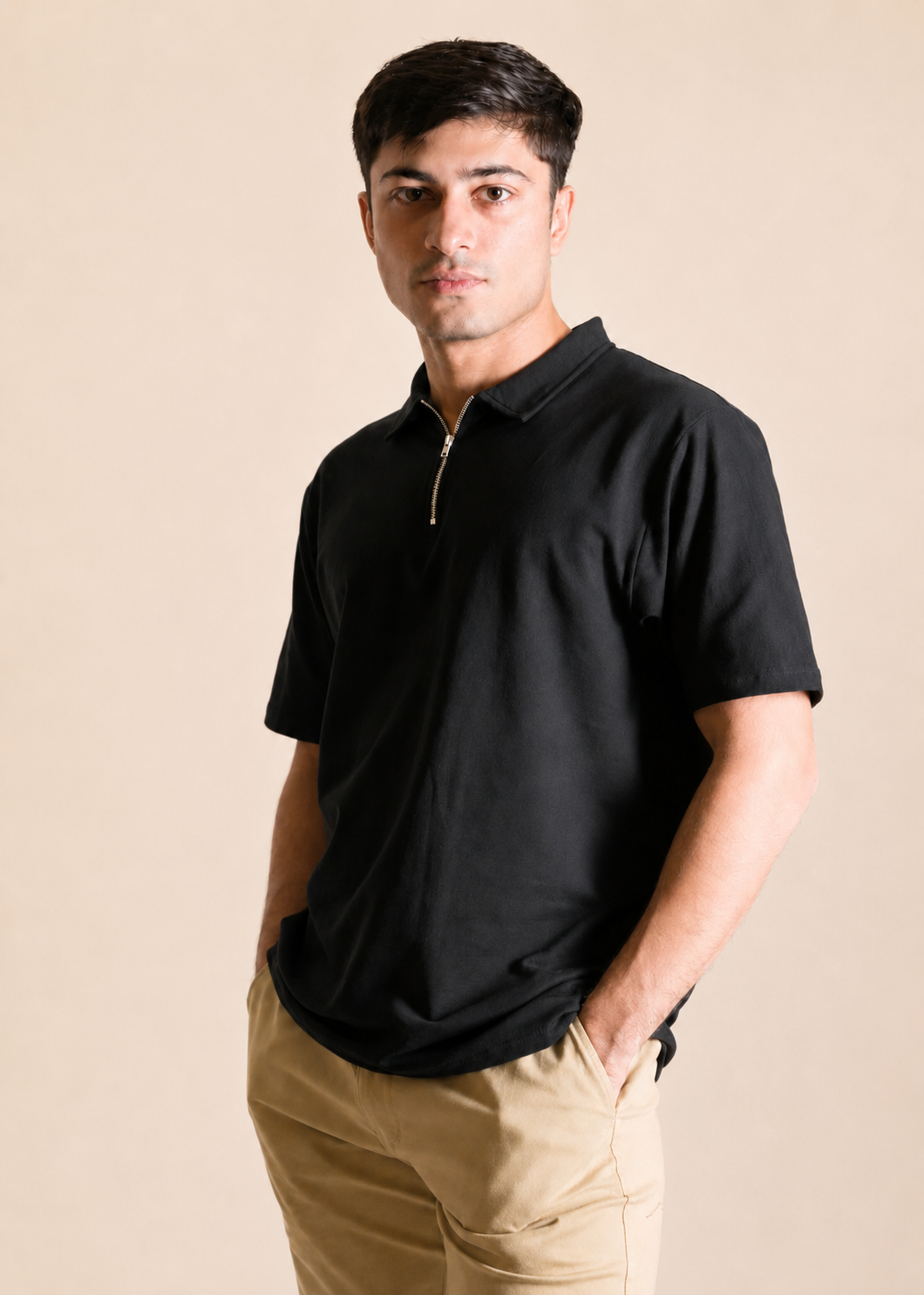 Relaxed Zipper Polo Shirt – Black