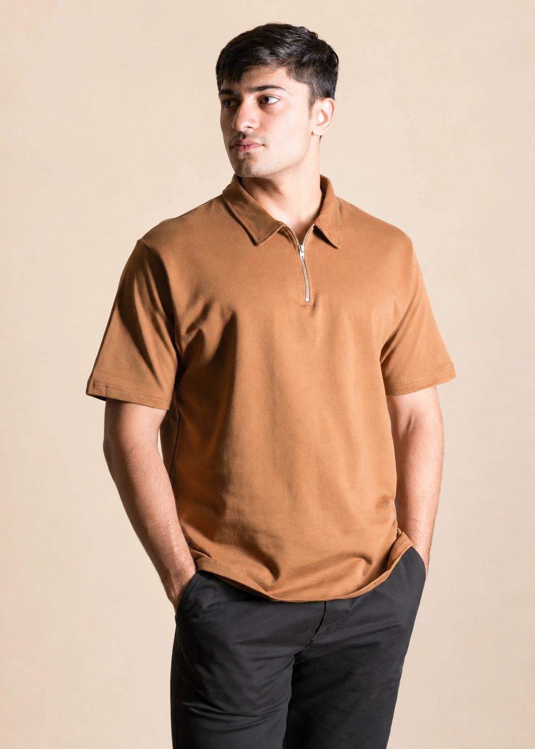 Relaxed Zipper Polo Shirt – Camel Brown