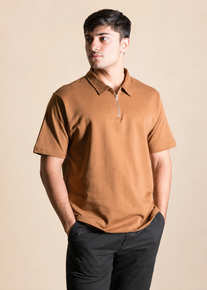 Relaxed Zipper Polo Shirt – Camel Brown