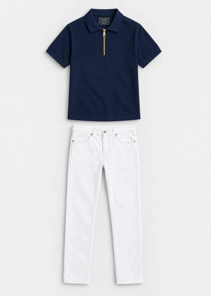 Zipper Polo Shirt Navy & Pure White Stretch Denim Jeans