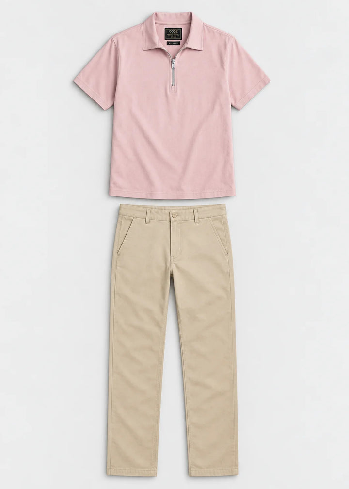 Relaxed Zipper Polo Shirt Pink & Stone Beige Stretch Chinos
