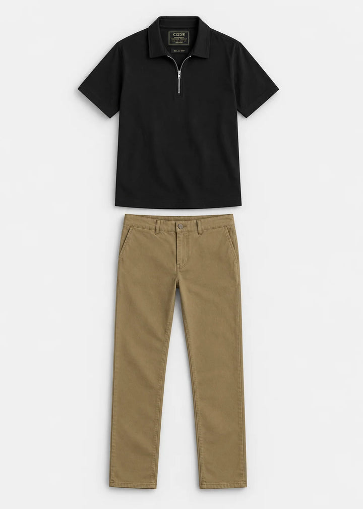 Relaxed Zipper Polo Shirt Black & Khaki Stretch Chinos