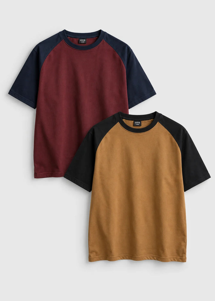 Heavy Relaxed Raglan T-Shirt Pack of 2 — Maroon and Navy & Brown and Black