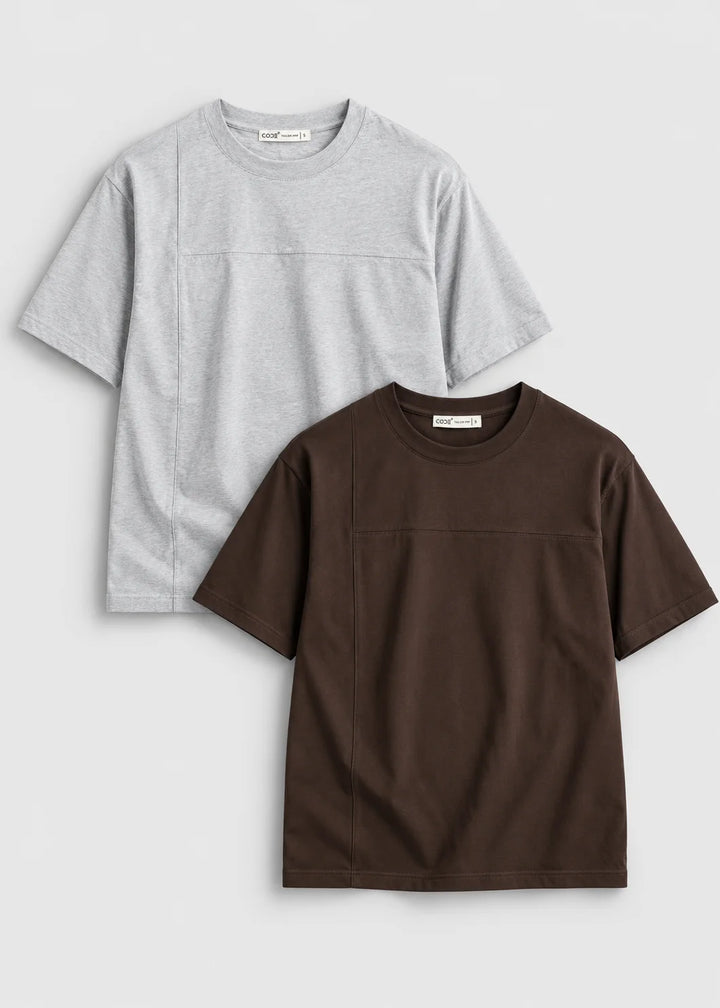 Seam Detail T-Shirt Pack of 2 - Grey & Mocha Brown