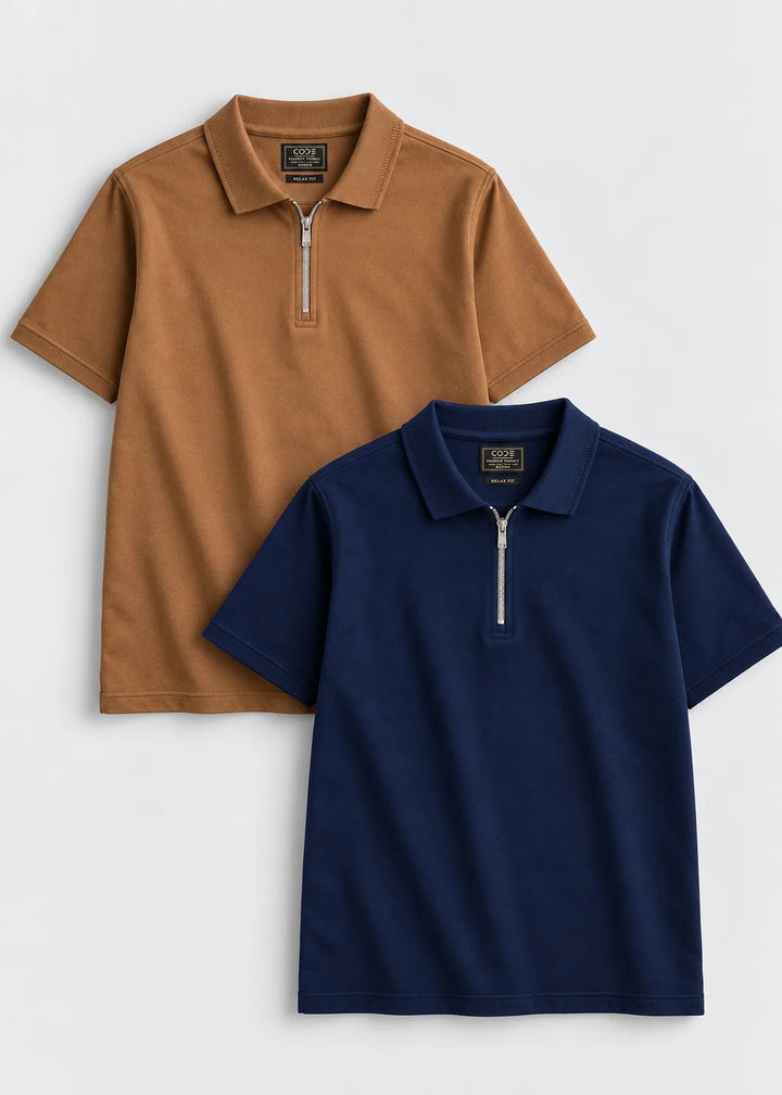 Relaxed Zipper Polo Shirt Pack of 2 — Camel Brown & Navy