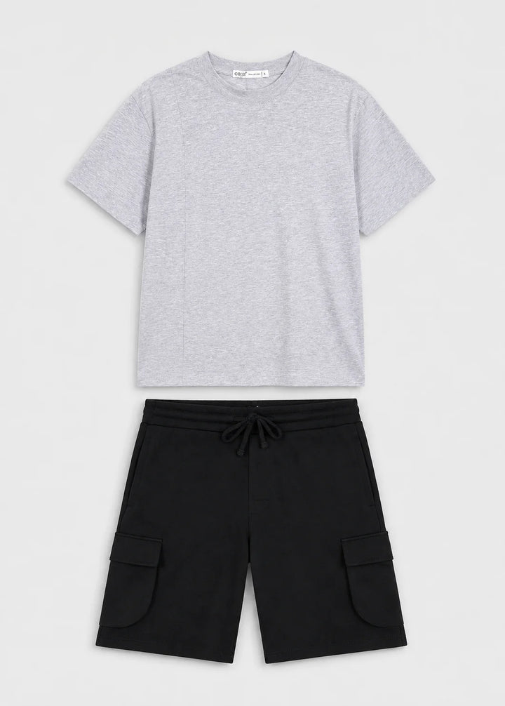 Grey Seam Detail T-Shirt & Black Cargo Midnight Shorts