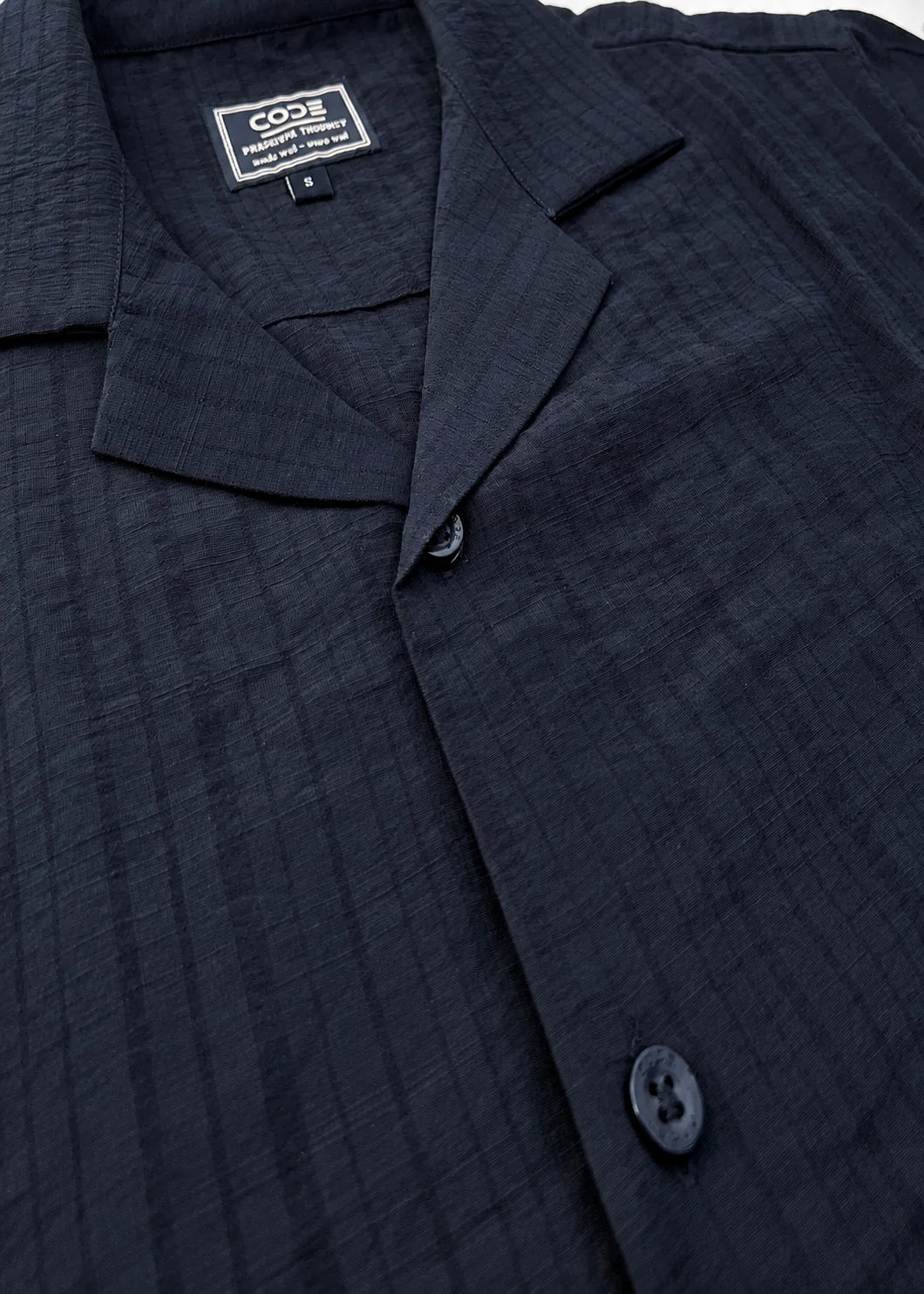 Deep Black Textured Cuban Collar Shirt