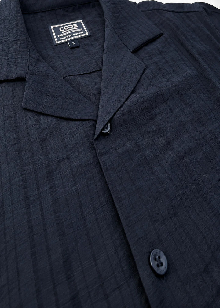 Deep Black Textured Cuban Collar Shirt