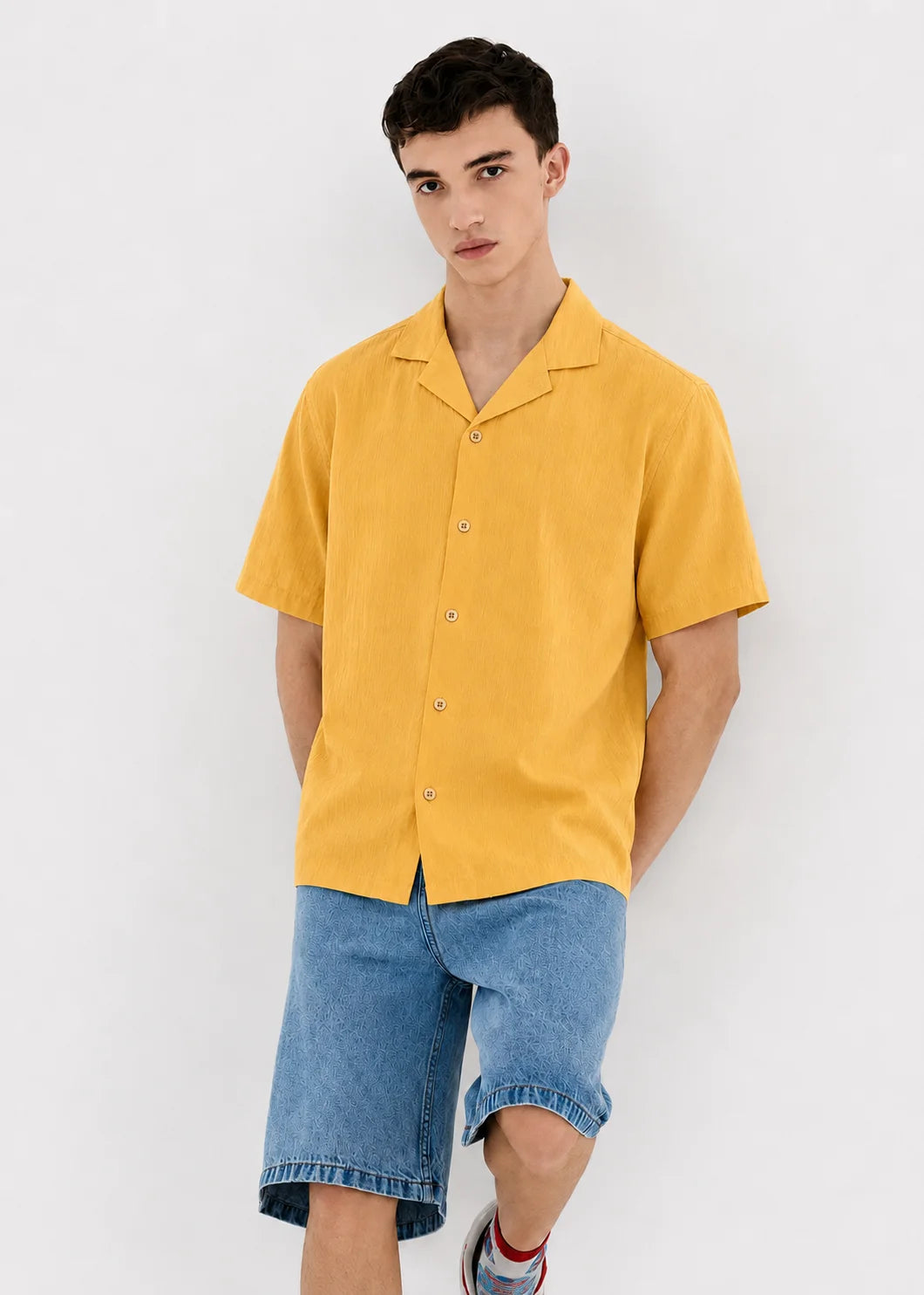 Mustard Textured Cuban Collar Shirt