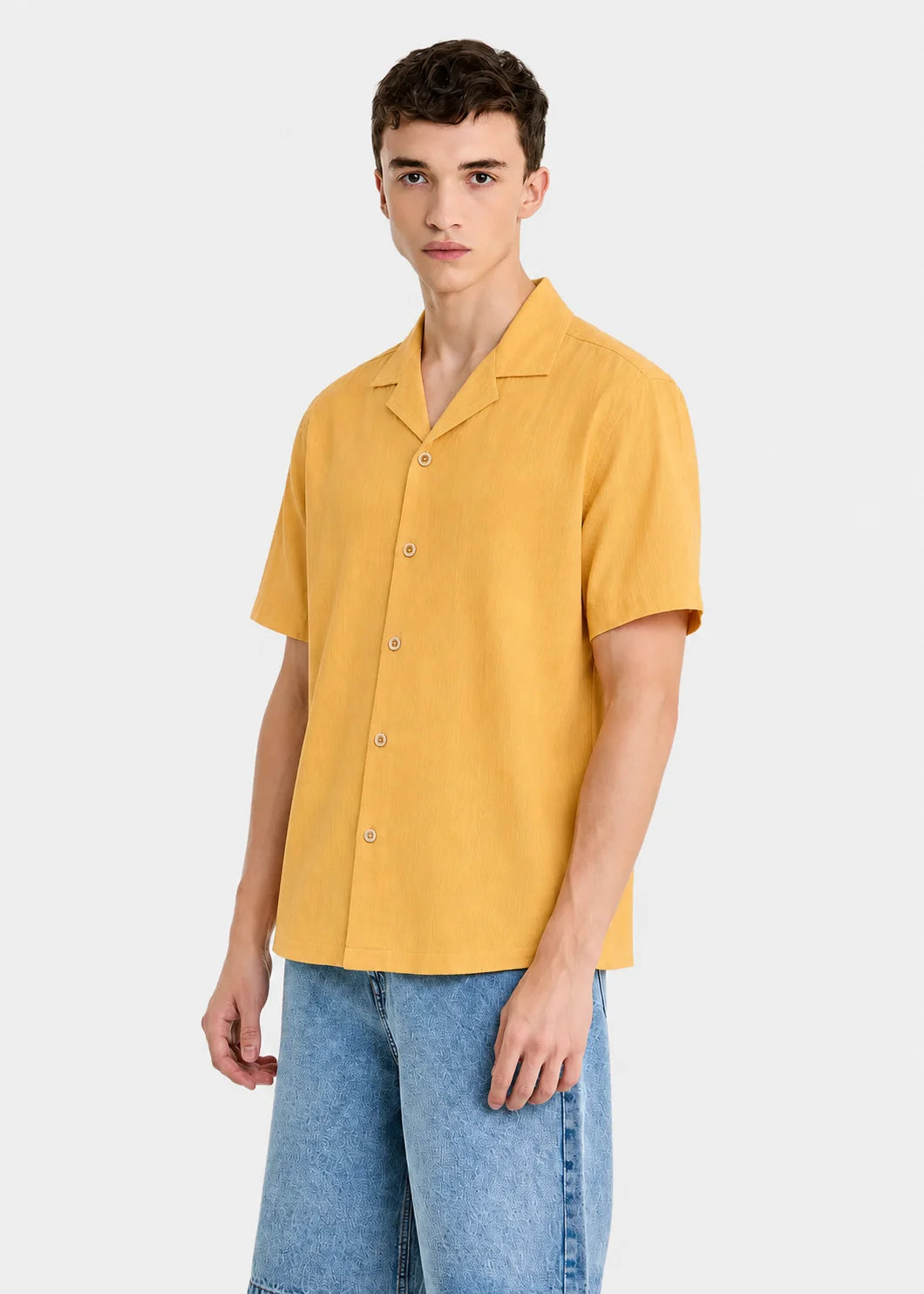 Mustard Textured Cuban Collar Shirt