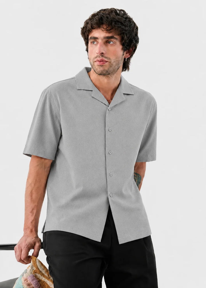 Silver Grey Textured Cuban Collar Shirt