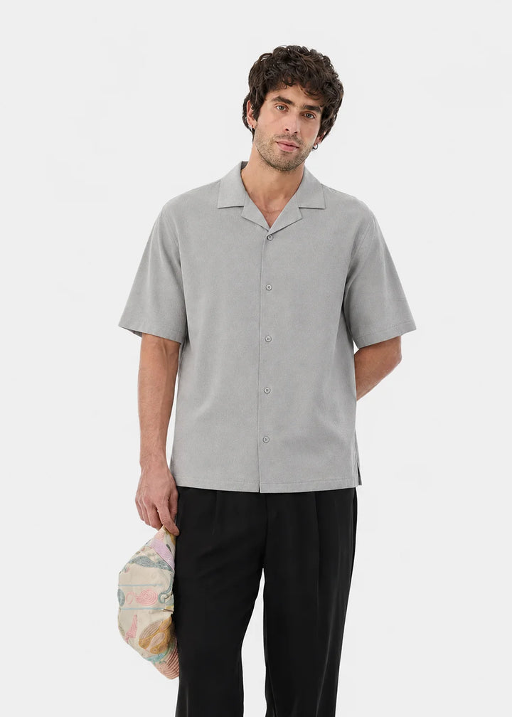 Silver Grey Textured Cuban Collar Shirt