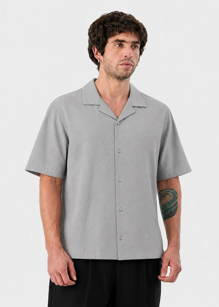 Silver Grey Textured Cuban Collar Shirt