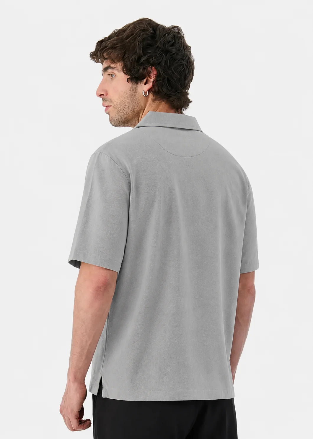 Silver Grey Textured Cuban Collar Shirt & Black Stretch Chinos