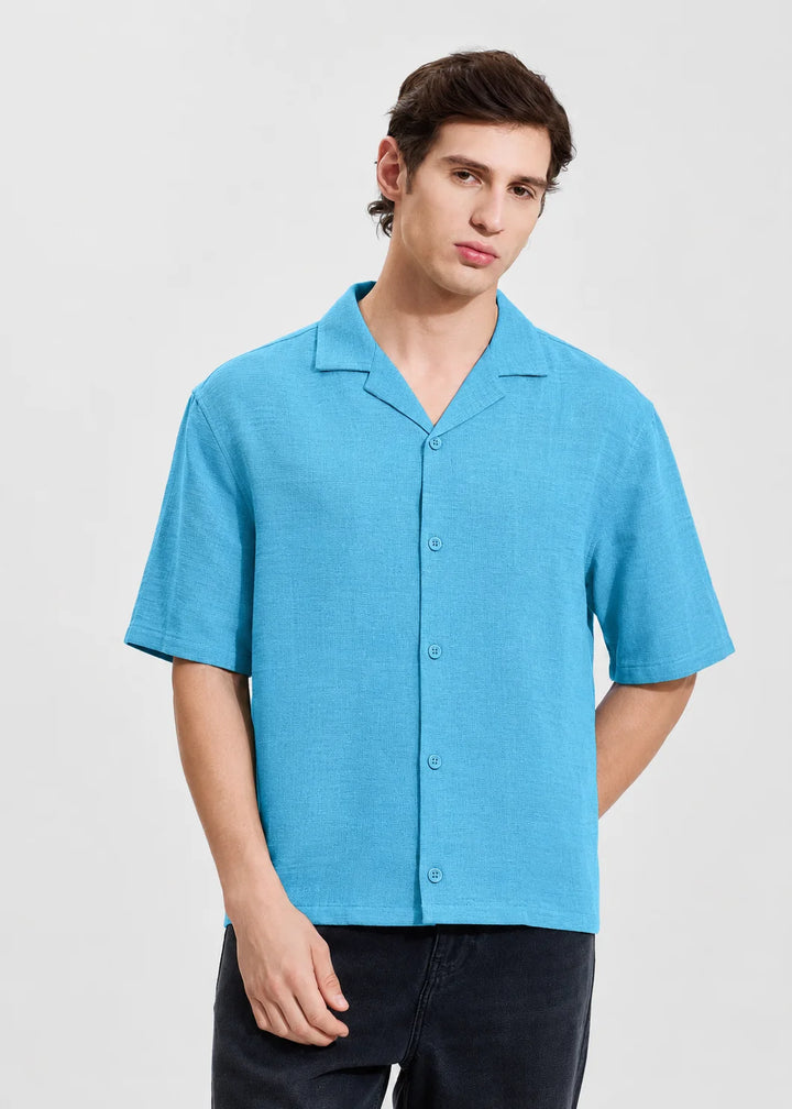 Aqua Blue Textured Cuban Collar Shirt