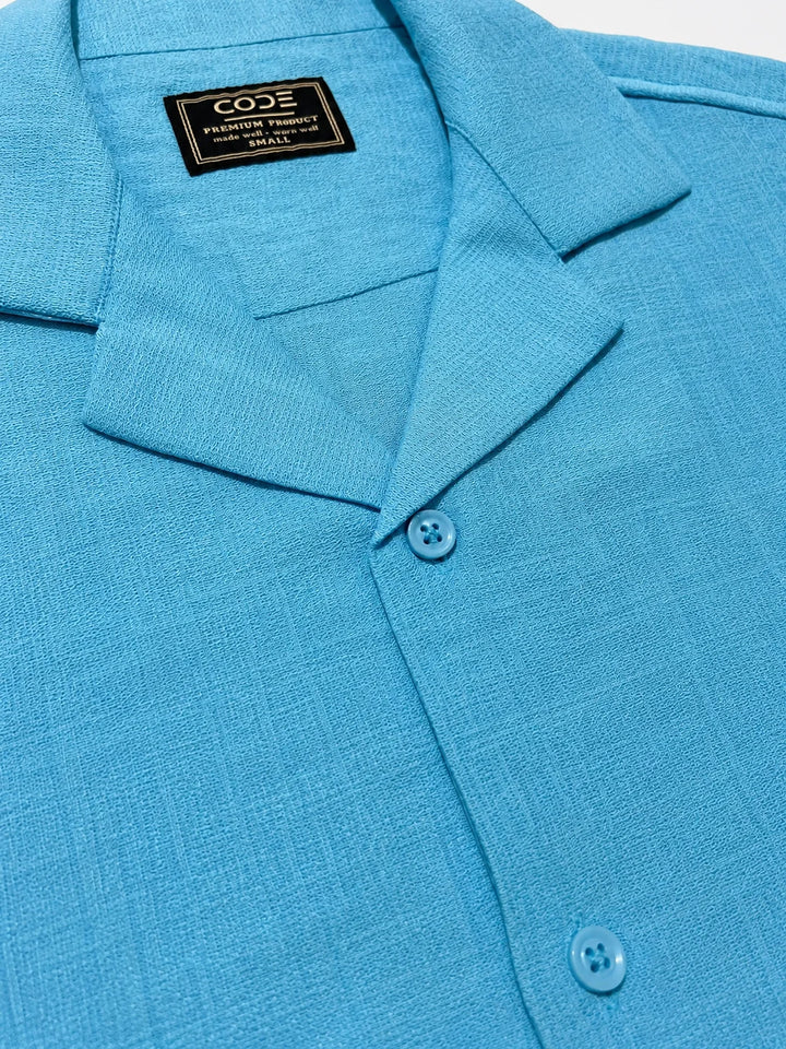 Aqua Blue Textured Cuban Collar Shirt