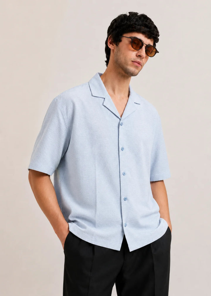 Ice Blue Textured Cuban Collar Shirt