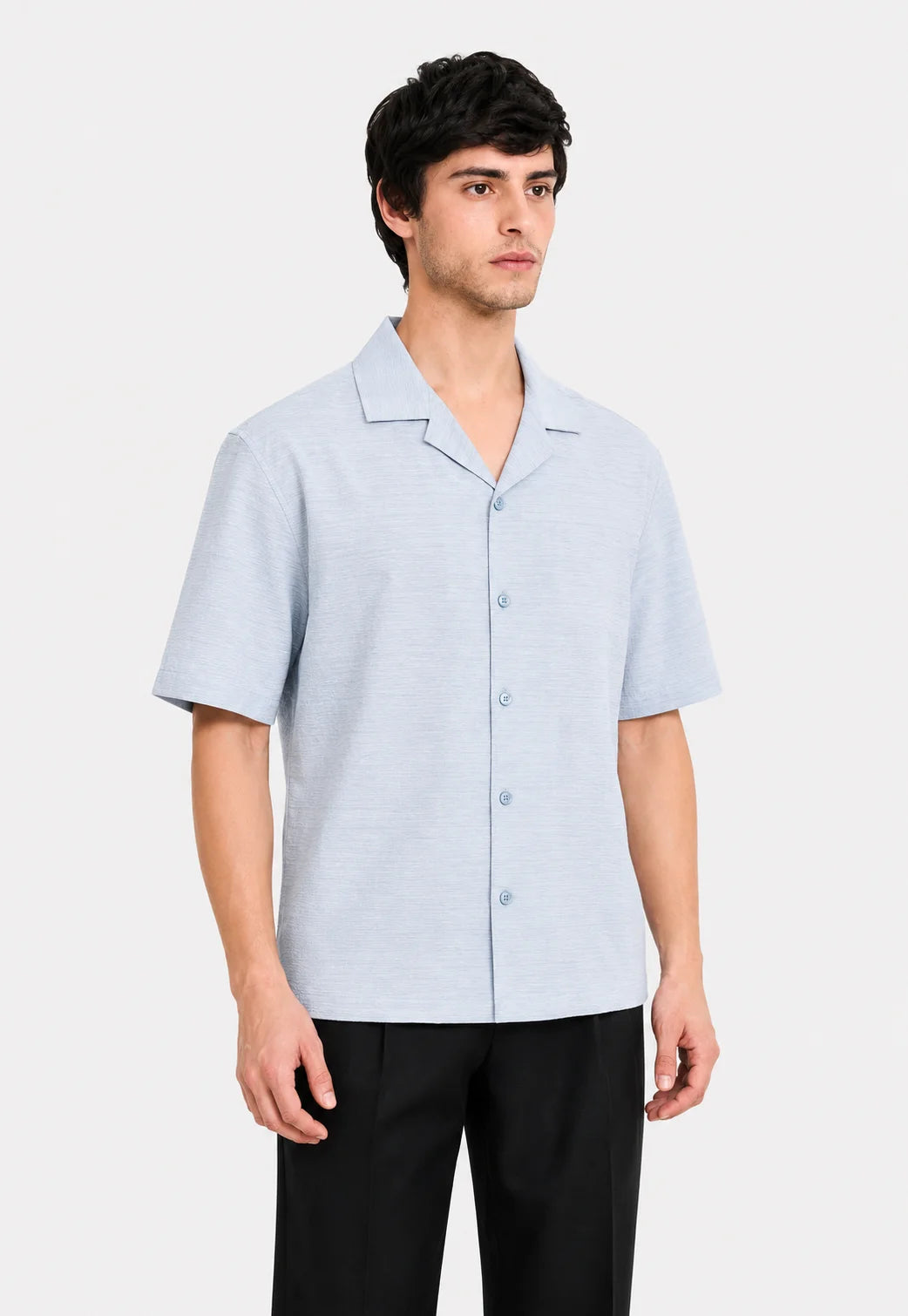 Ice Blue Textured Cuban Collar Shirt