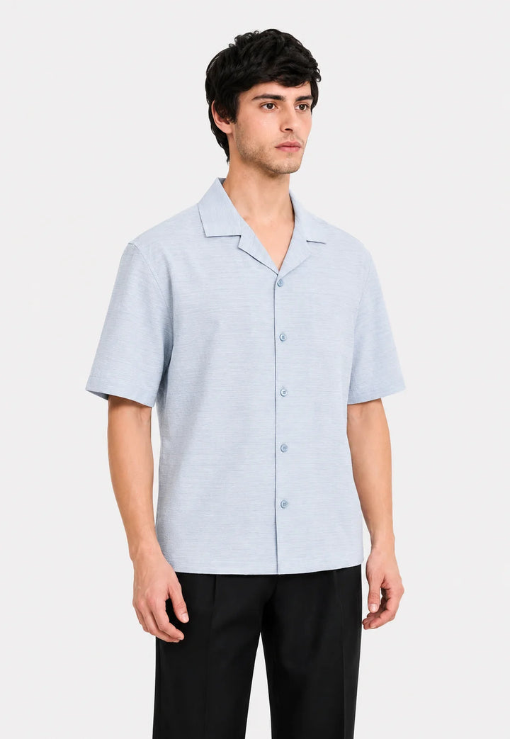 Ice Blue Textured Cuban Collar Shirt