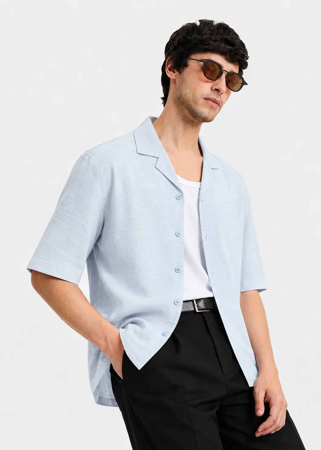 Ice Blue Textured Cuban Collar Shirt